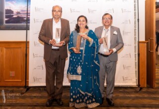 Left to right: Balijit, Deepti Babuta, Jameel Ahmad Paul 2023 Dhahan Prize winners with trophies