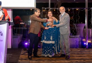 Left to right: Zubair Ahmad (two time Dhahan Prize Finalist and renowned Pakistani Punjabi writer), Deepti Babuta (2023 Dhahan Prize winner), Barj Dhahan (Founder of the Dhahan Prize) Deepti Babuta winner of 2023 Dhahan Prize for Punjabi Literature