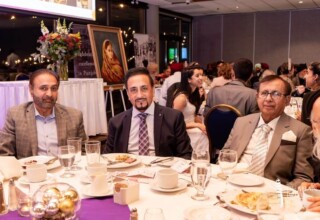 Dilbar Kang (OMNI TV) next to Jameel Ahmad Paul (2023 Finalist) at the 2023 Dhahan Prize Ceremonies Dilbar Kang (OMNI TV) next to Jameel Ahmad Paul (2023 Finalist) at the 2023 Dhahan Prize Ceremonies