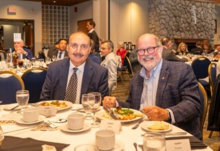MLA Raj Chouhan and John Hepburn at the 2024 Dhahan Prize ceremonies MLA Raj Chouhan and John Hepburn at the 2024 Dhahan Prize ceremonies