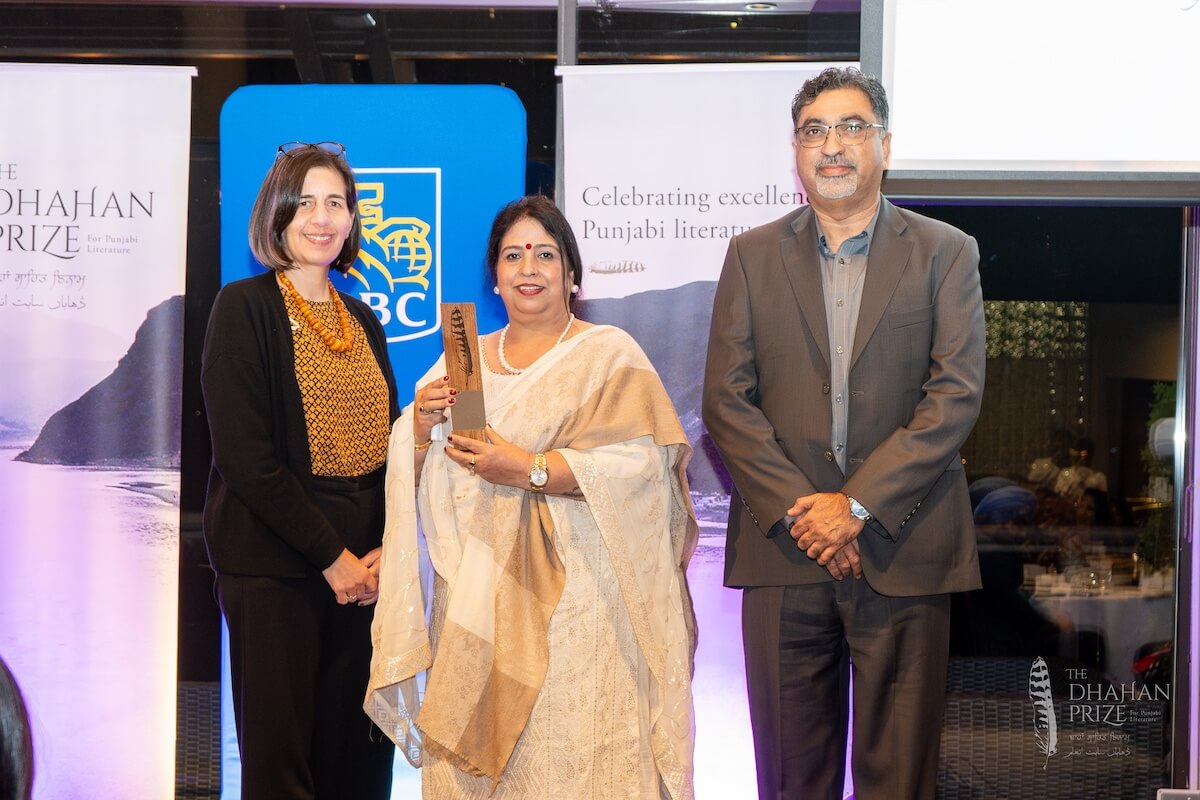 2024 Dhahan Prize finalist, Surinder Neer,  To her left is our founder, Melek Su Ortabasi, Associate Dean, Faculty of Arts and Social Sciences, Simon Fraser University and to her right is Shahzad Nazir Khan, Executive of Progressive Pakistani Canadians and Radio Host of ‘Mera Paigham Pakistan,’ on Connect FM